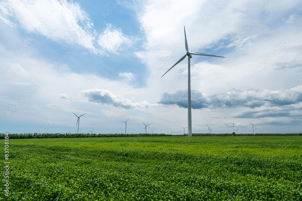 Green field of wheat and wind turbines generating electricity Green field of wheat and wind turbines generating electricity
