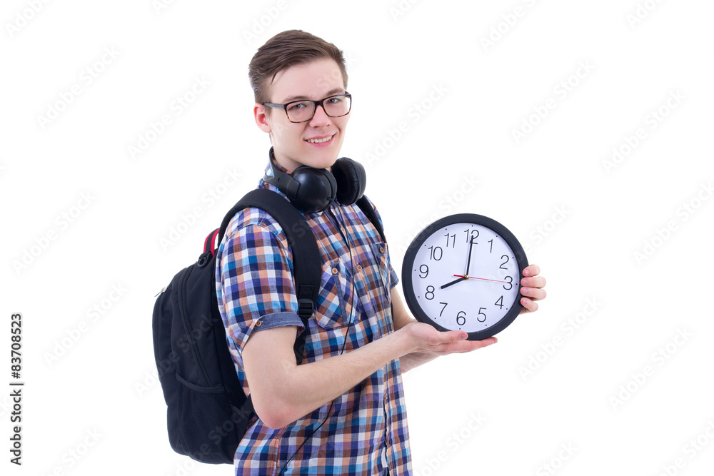 portrait of handsome teenage boy with backpack and office clock portrait of handsome teenage boy with backpack and office clock