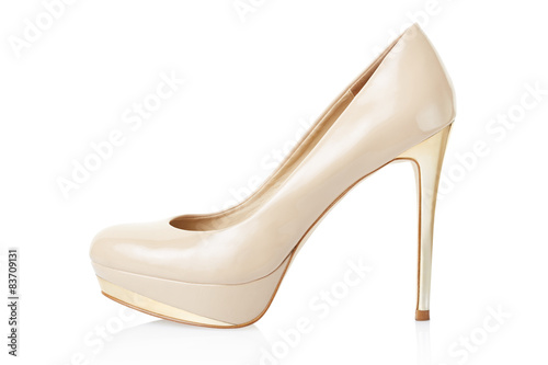 High heel beige elegant shoe on white, clipping path