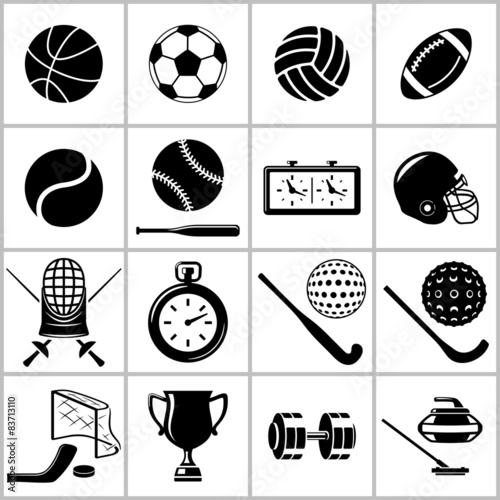 Monochromatic icons set of some items and equipment for sports