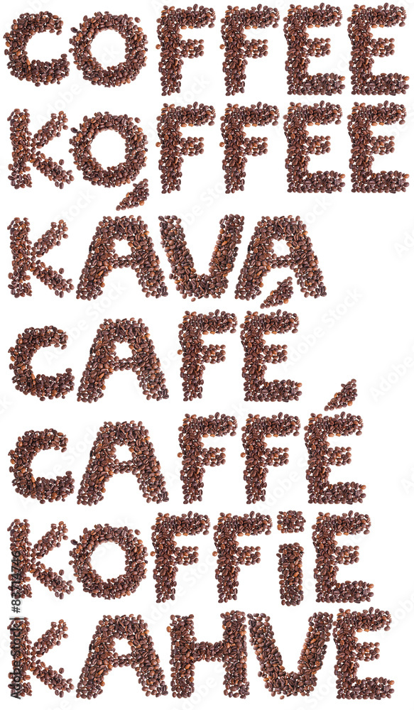 Word coffee in many languages made with coffee beans. Word coffee in many languages made with coffee beans.