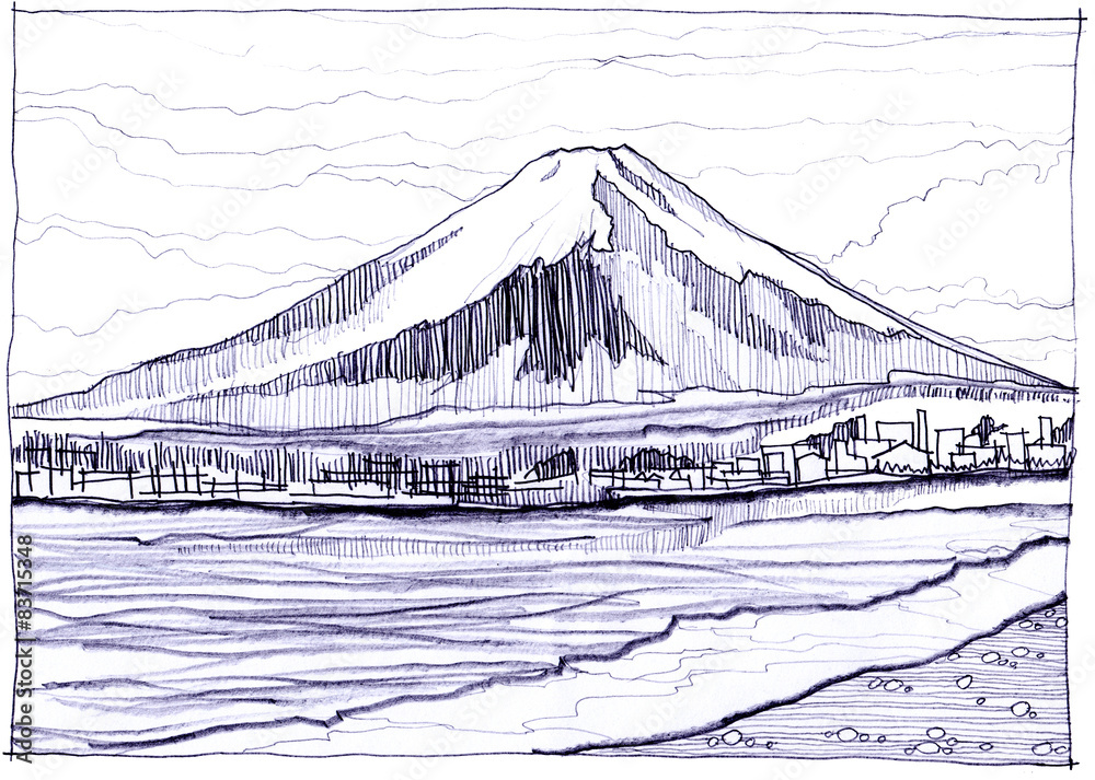 Fuji Yama snow mountain pencil sketch
