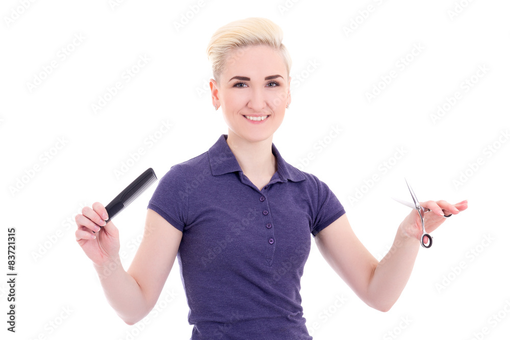 happy beautiful woman hair stylist with comb and scissors isolat happy beautiful woman hair stylist with comb and scissors isolat