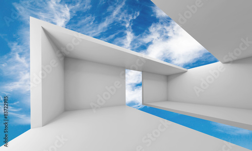 3d empty white futuristic interior and blue sky