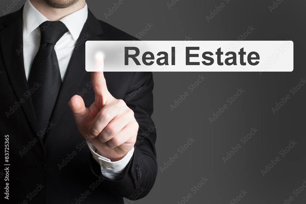 businessman pushing flat button real estate businessman pushing flat button real estate