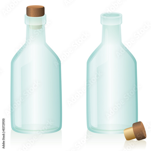 Corked and uncorked glass bottle - closed and open.
