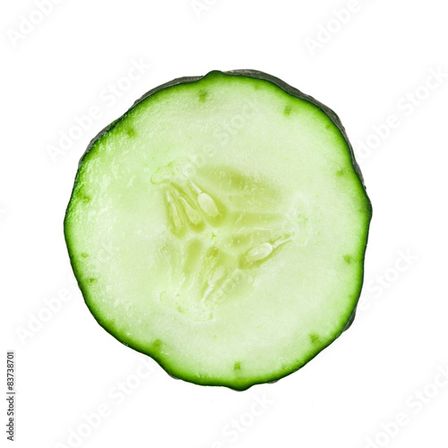 Fresh slice cucumber on white background. Macro. Selective focus.
