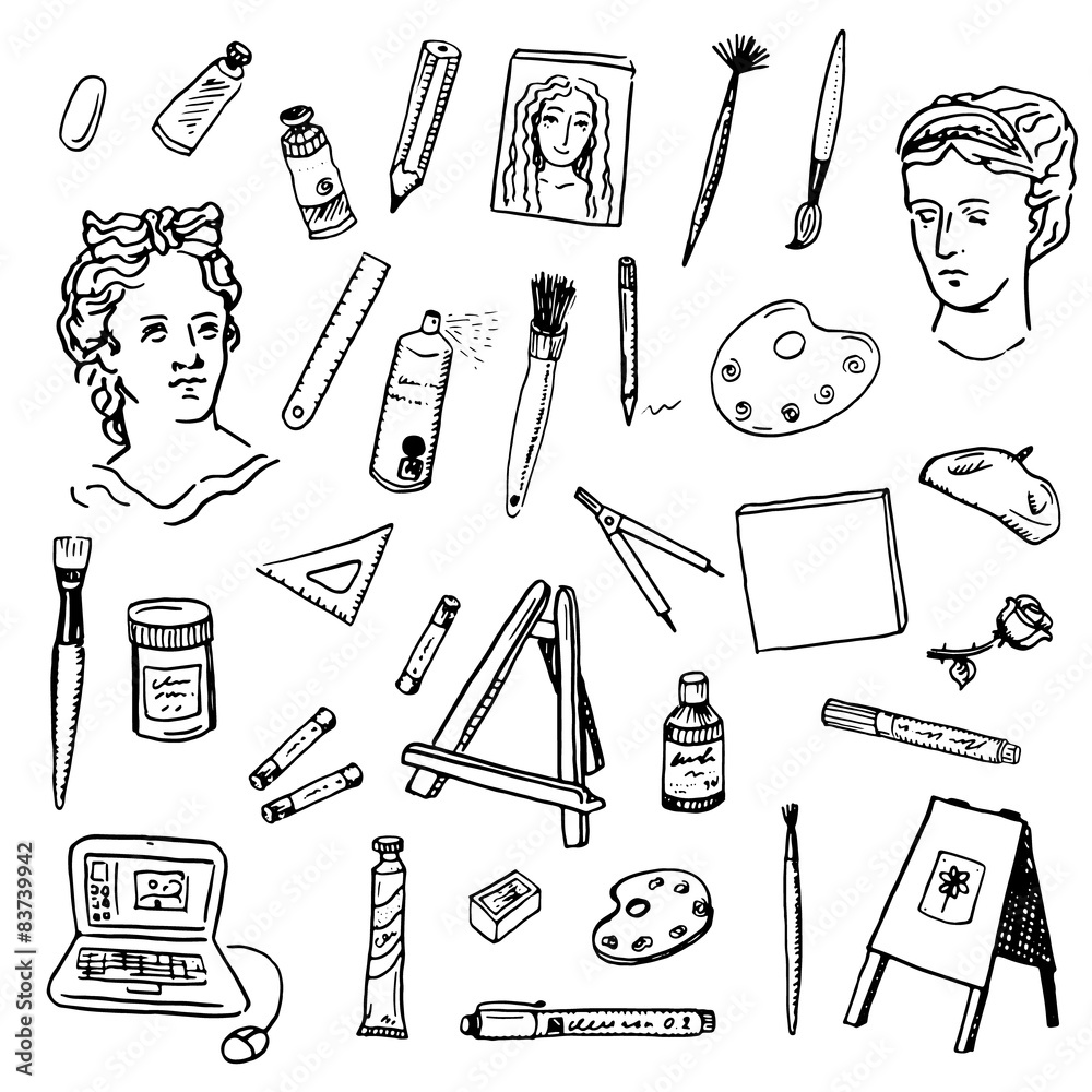 Obraz premium Hand drawn doodle artist tools set