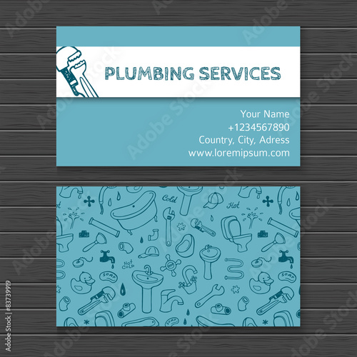 Hand drawn watercolor buisness card mock up with plumbing doodle icons