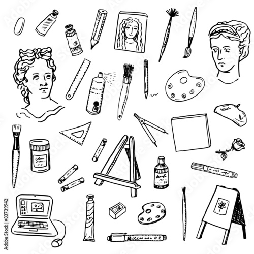 Hand drawn doodle artist tools set