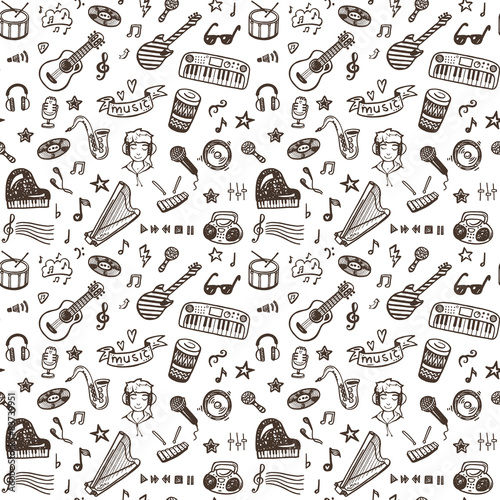 Hand drawn music set seamless pattern.