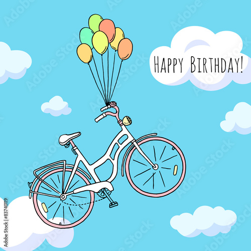 Happy birthday greeting card with hand drawn bicycle flying on balloons in the sky.
