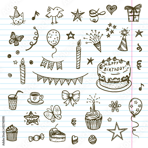 Birhday elements. Hand drawn doodles set.