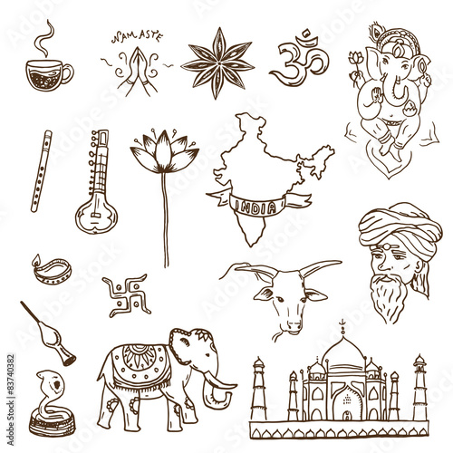Hand drawn Indian symbols and landmarks doodle set
