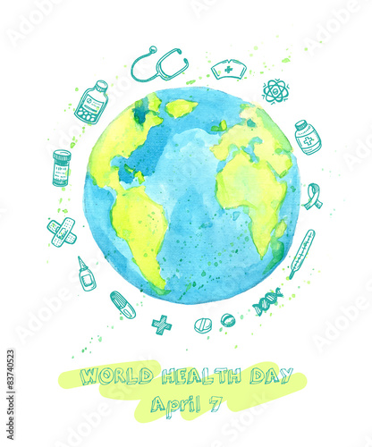 World Health Day illustration with watercolor Earth and hand drawn doodle medical sketches.