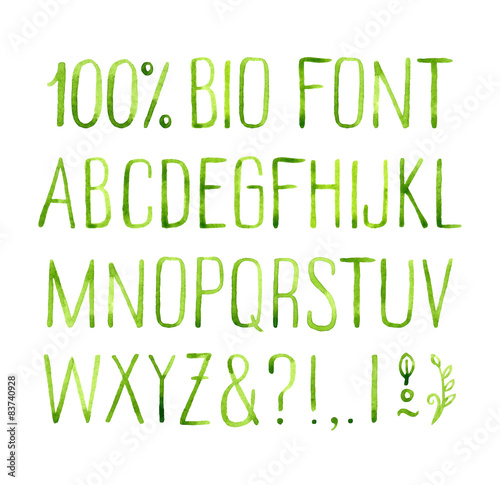 Hand drawn watercolor green natural font.