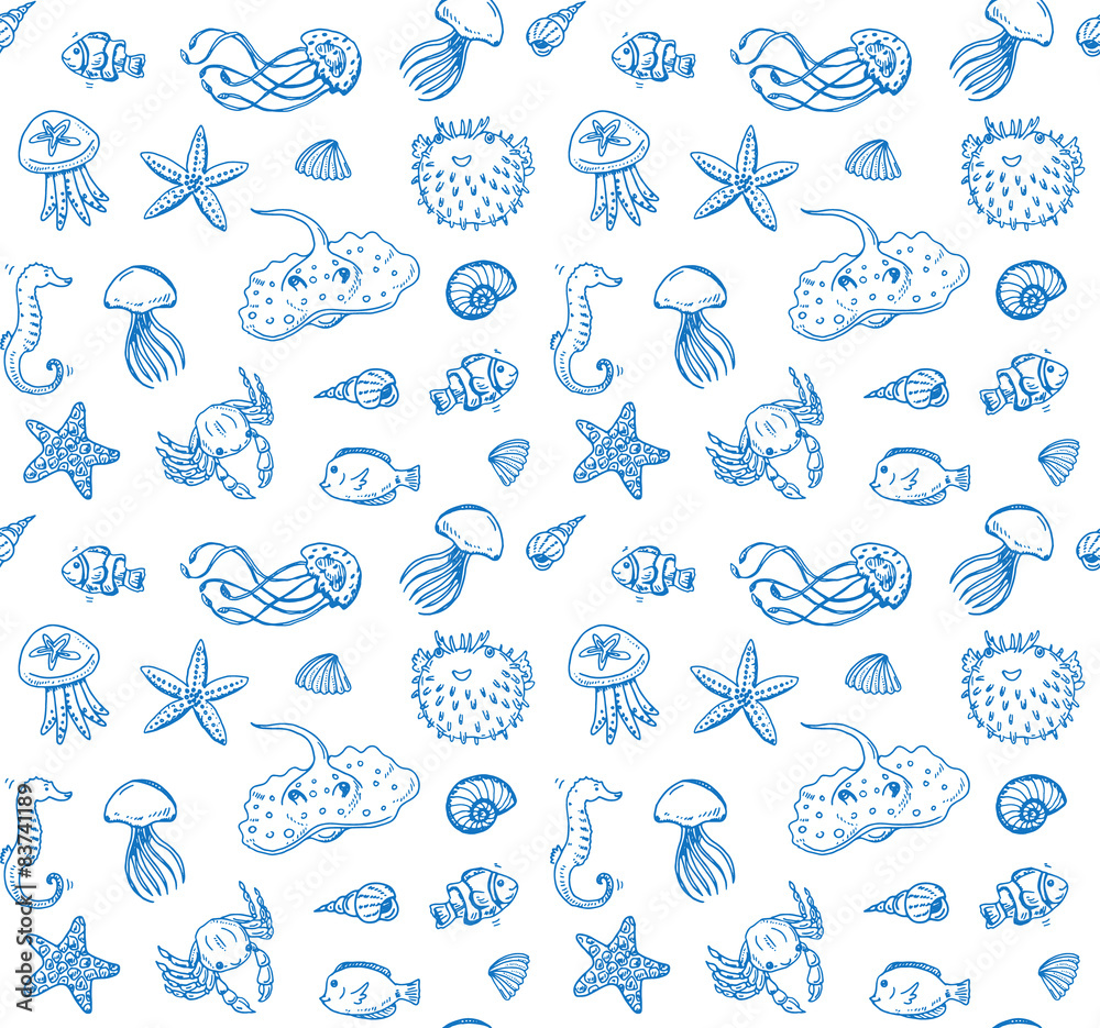 Hand drawn doodle seamless pattern of sea life elements.