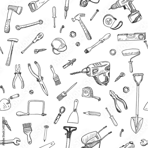 Hand drawn seamless pattern of tools sign and symbol doodles elements.