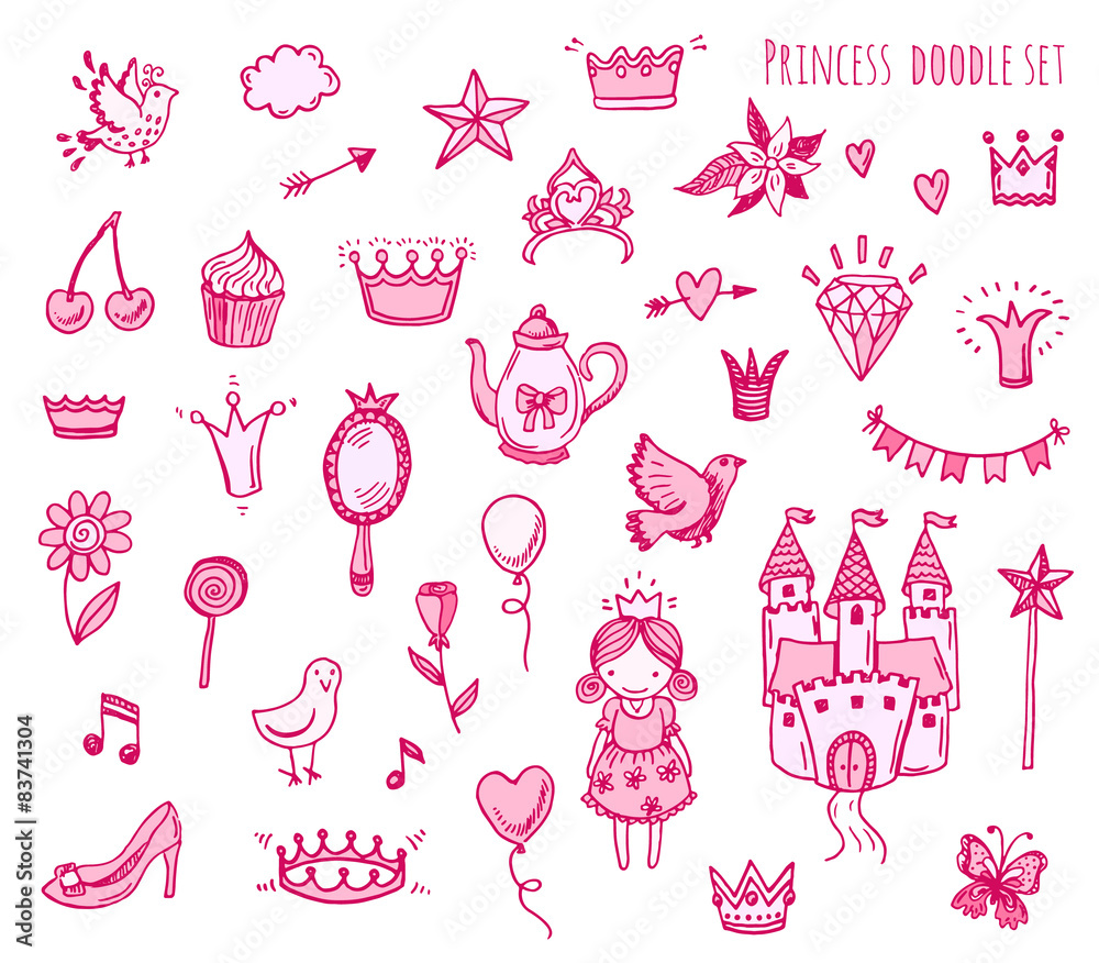 Hand drawn vector illustration set of princess sign and symbol doodles elements.