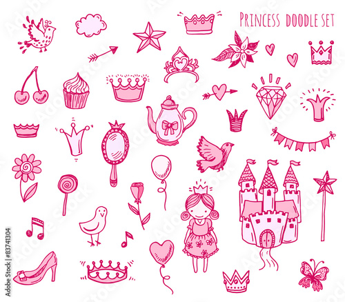 Hand drawn vector illustration set of princess sign and symbol doodles elements. #83741304