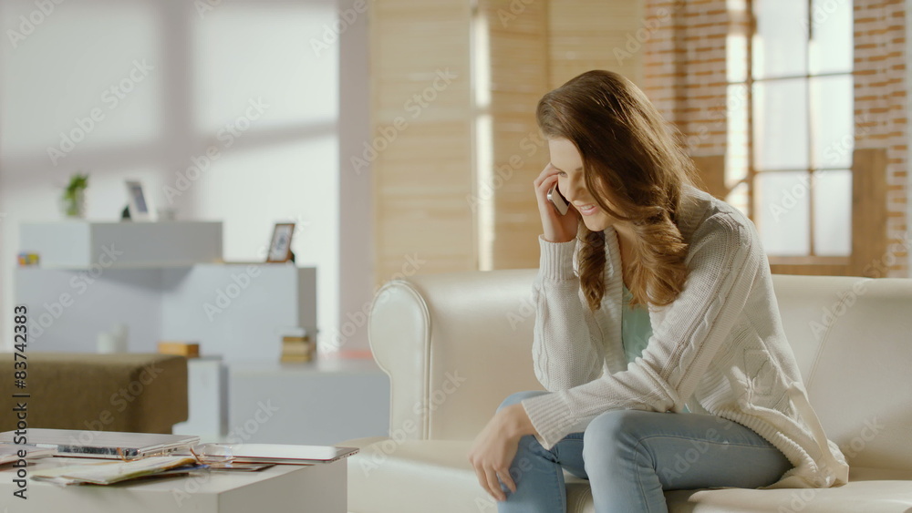 Young female calling, having phone conversation, ending call Young female calling, having phone conversation, ending call