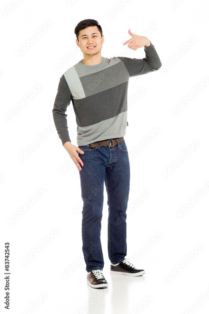 Model isolated pointing to herself Model isolated pointing to herself