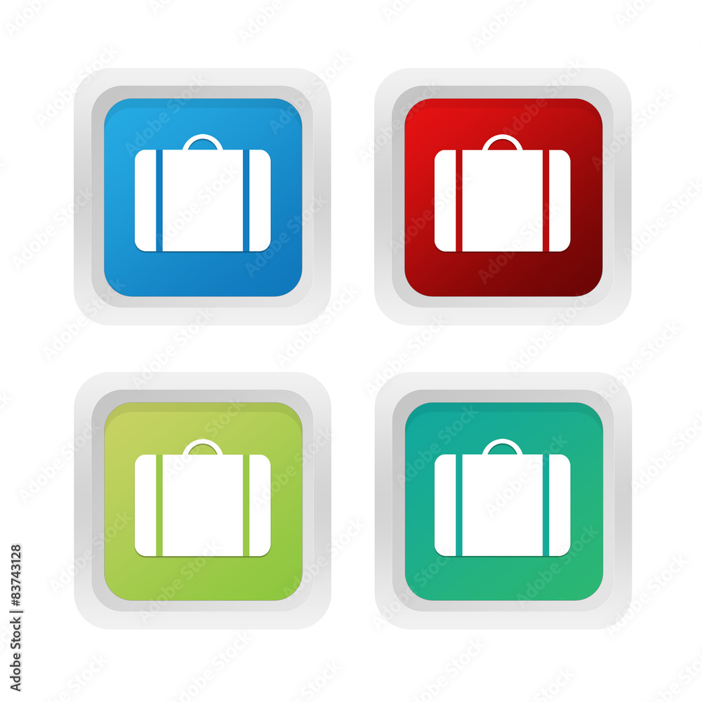 Set of squared colorful buttons with luggage symbol Set of squared colorful buttons with luggage symbol