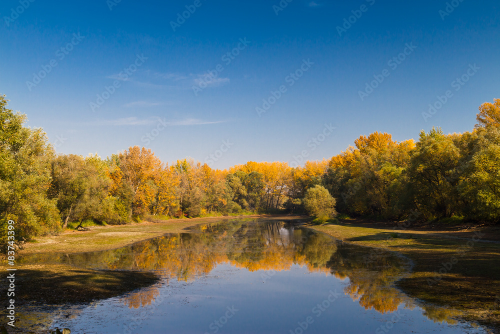Colorful autumn scenery reflecting on lake.