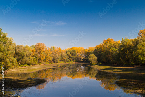 Colorful autumn scenery reflecting on lake.