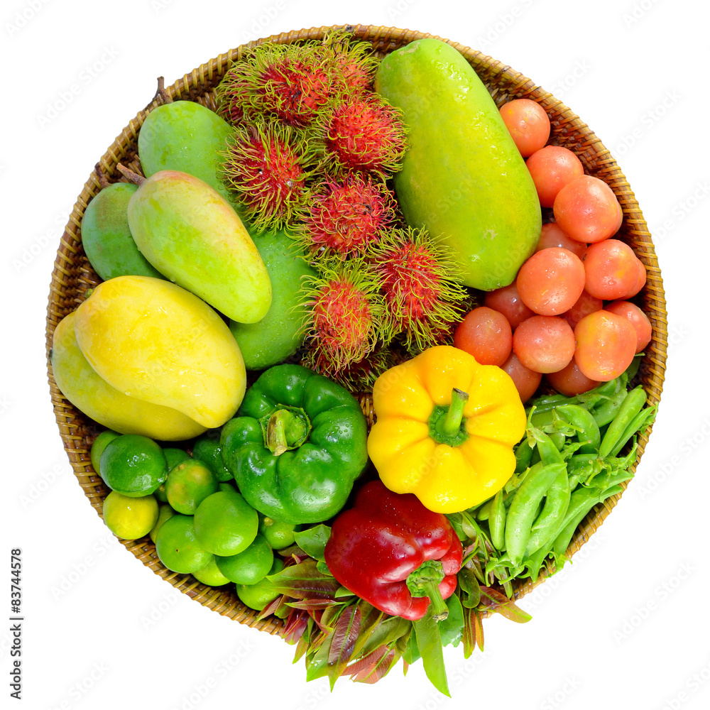 Colorful Asian Fruit and Vegetable Isolated on White Background.