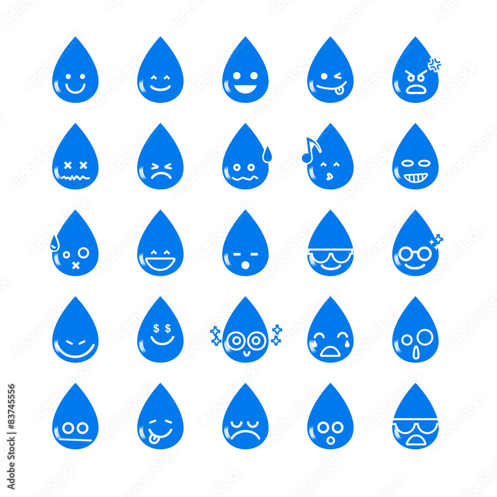 Collection of difference emoticon icon of water drop on the whit Collection of difference emoticon icon of water drop on the whit