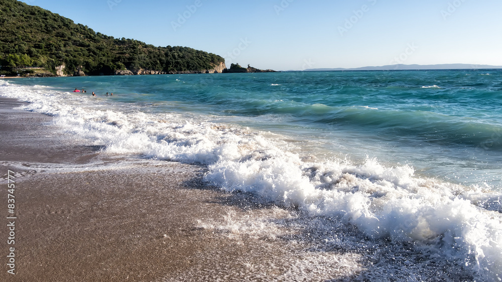 White sand beach and blue sky. Beach background in Greece