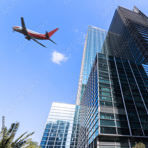 Modern city Shanghai and aircraft