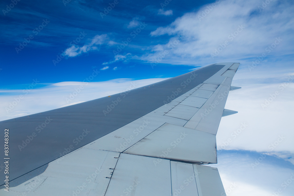 Fototapeta premium Wing aircraft in altitude during flight