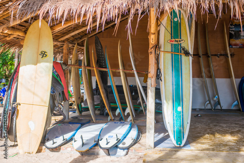 various surfboards at surf shop for rental