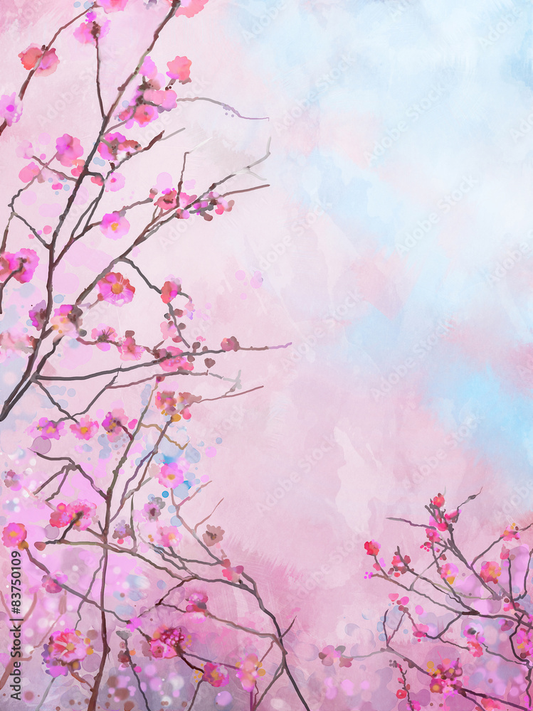 Painting pink Japanese cherry - sakura floral Spring blossom bac
