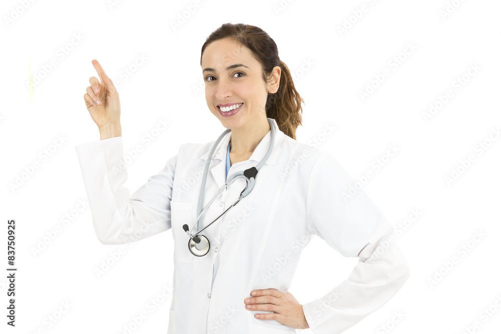 Friendly doctor pointing to copy space Friendly doctor pointing to copy space
