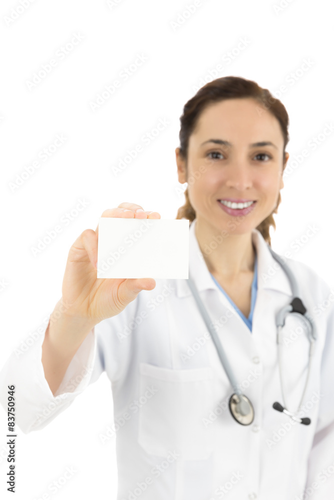Female doctor showing sign card Female doctor showing sign card