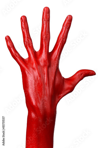 Red hand on white background, isolated, paint