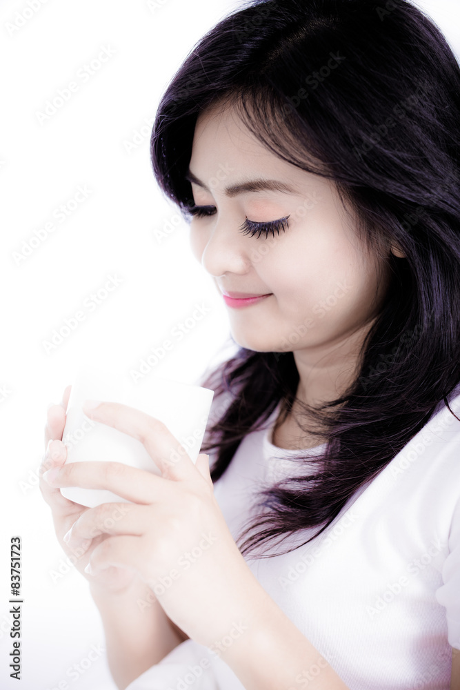 beautiful young woman hold cup of coffee lying think relaxing on beautiful young woman hold cup of coffee lying think relaxing on