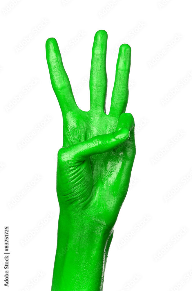 Green hand on white background, isolated, paint Green hand on white background, isolated, paint
