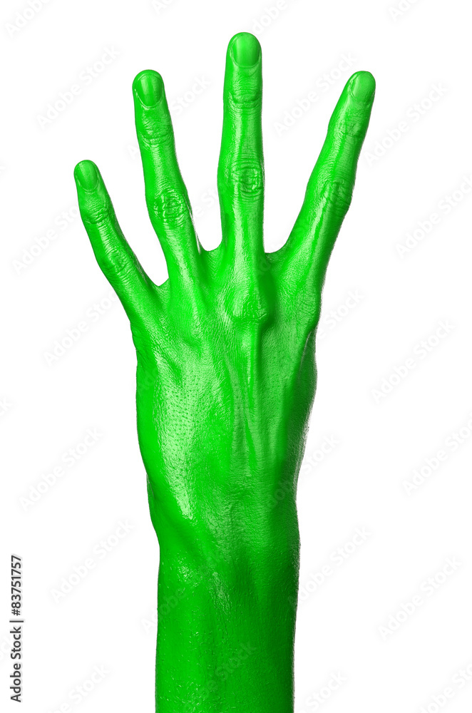 Green hand on white background, isolated, paint Green hand on white background, isolated, paint