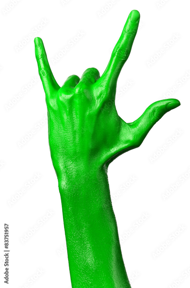 Green hand on white background, isolated, paint Green hand on white background, isolated, paint