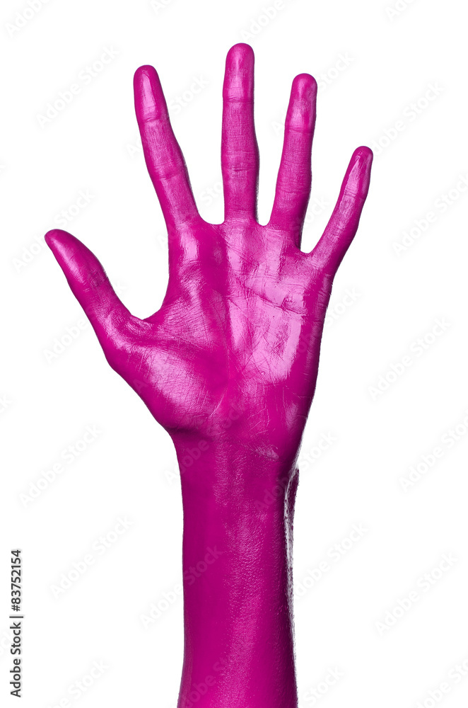 Pink hand on white background, isolated, paint Pink hand on white background, isolated, paint