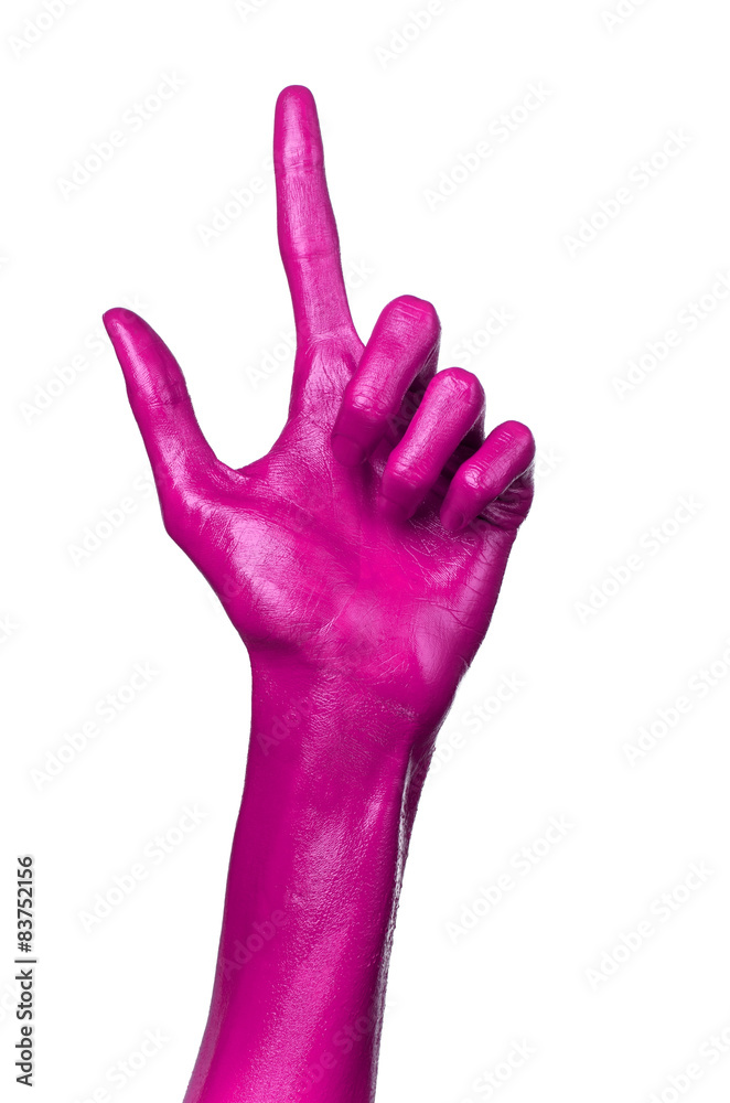 Pink hand on white background, isolated, paint Pink hand on white background, isolated, paint