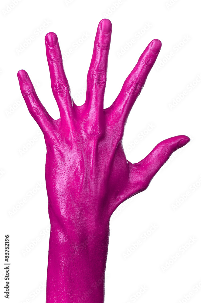 Pink hand on white background, isolated, paint Pink hand on white background, isolated, paint