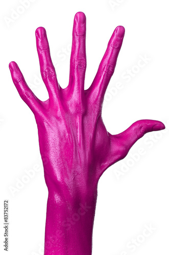 Pink hand on white background, isolated, paint