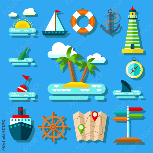 Flat Summer Icon Set for Vacation and Tourism