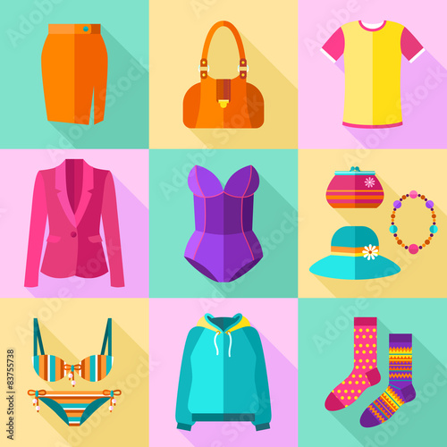 Colorful Woman Clothing Icons Set with Accessories