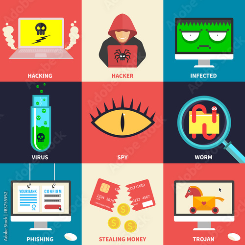 Set of flat modern icons - hacking, hacker, malware, phishing.